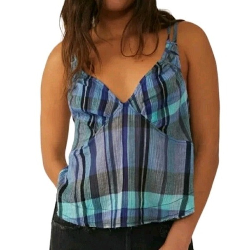Free People We The Free Womens Medium Blue Plaid Cotton Crop Tank Top NEW